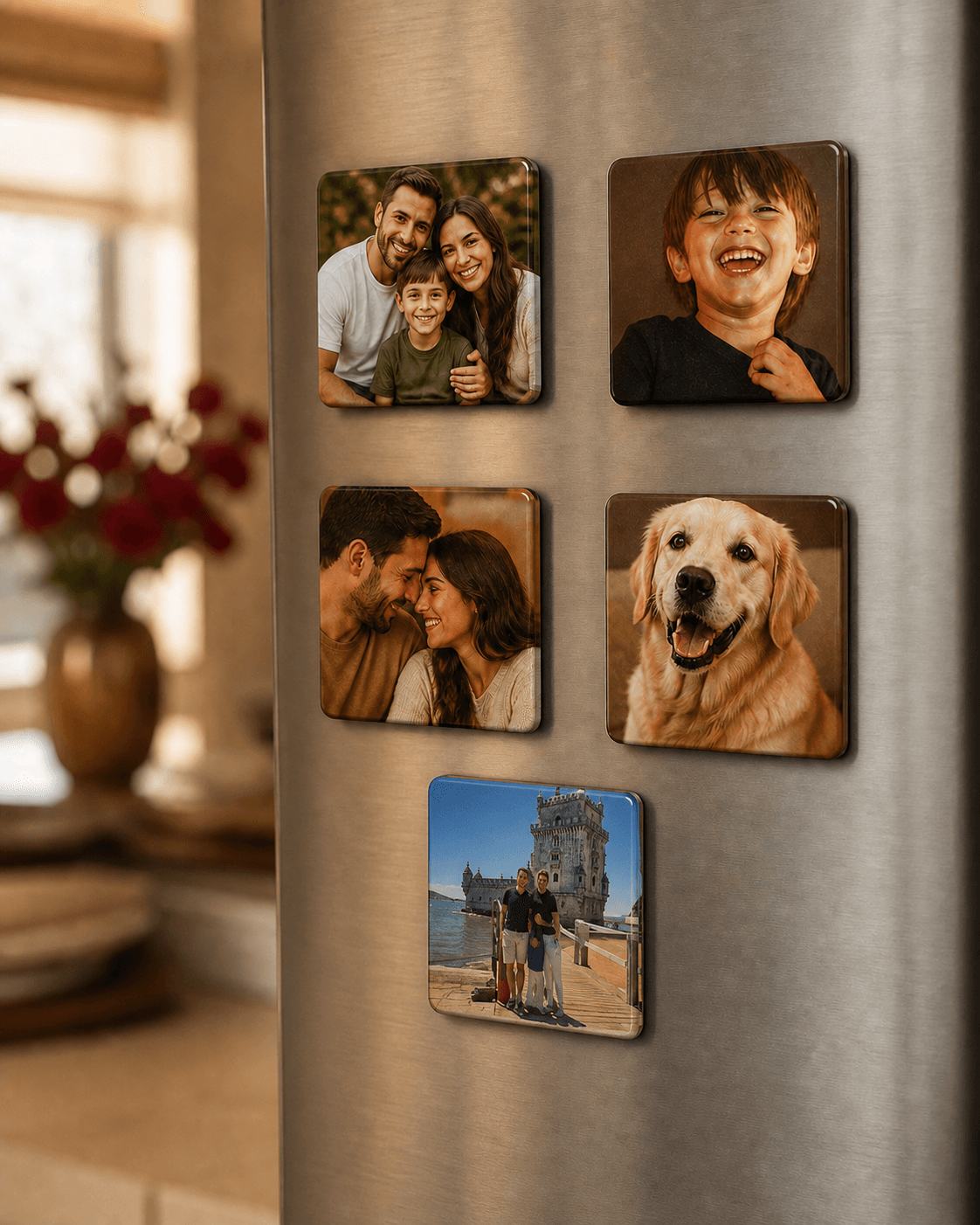 Cinco buttons magnéticos personalizados presos firmemente em uma geladeira